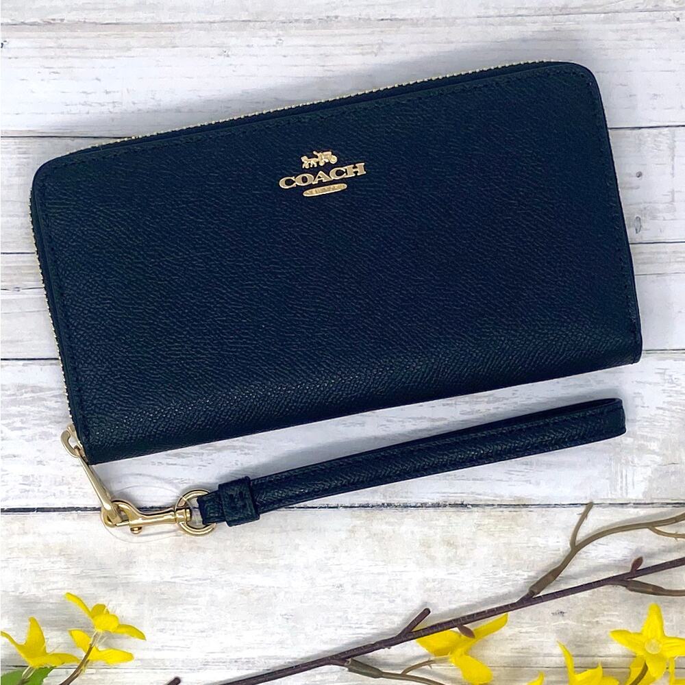 Coach Long Zip Around Wallet in Gold/Black Leather C3441